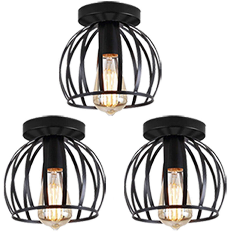Plafonnier Industrielle Retro E27 Luminaire Suspension en Métal Ø19CM Noir pour Chambre Cuisine Couloir - 3Pcs