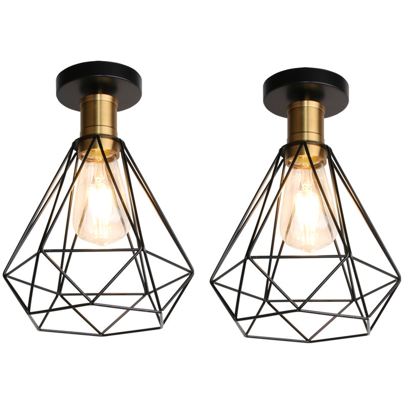 Wottes - 2 pcs retro industrial ceiling lamp bedroom bar decoration metal cage diamond ceiling light - Nero