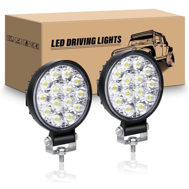 2 Pcs Rond Phare de Travail led, 3.2 pouces 42W mini Projecteur lumière 12V 24V lampe de travail led 6000K Spot feux antibrouillard