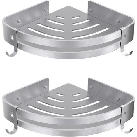 2 pcs Shower Corner Shelf No Drilling Adhesive Bathroom Shelves Shower Caddy Basket Wall Mounted Shower Storage with Hook for Kitchen & Bathroom Organiser Silver 2 Pack, Aluminium