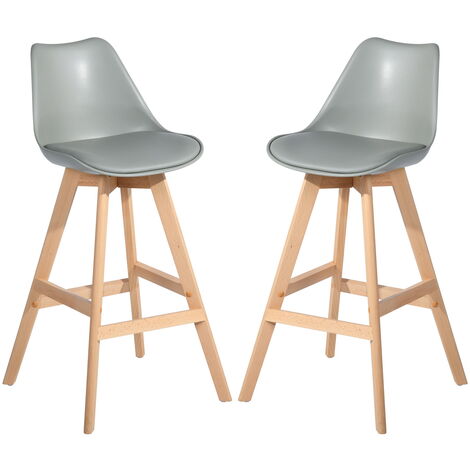 2 Pcs Simple Nordic style Breakfast Bar Stool High Chair PP high back PU soft bag Kitchen Woodden w/Footrest Home Shop Grey 7635