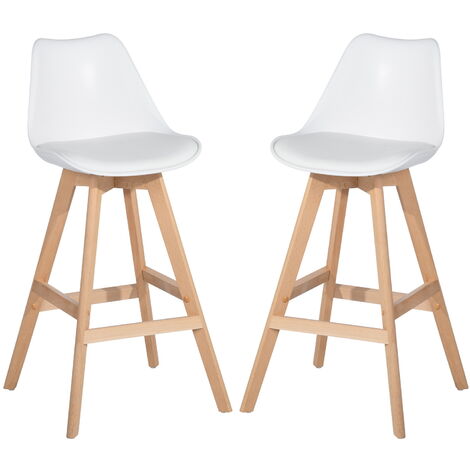 2 Pcs Simple Nordic style Breakfast Bar Stool High Chair PP high back PU soft bag Kitchen Woodden w/Footrest Home Shop white 7634