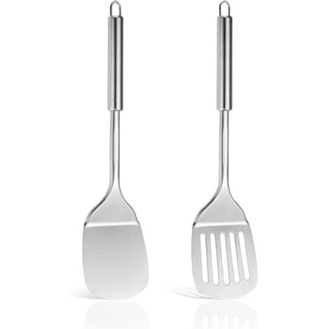 2 Pcs Spatule Inox Cuisine, Ustensiles Cuisine Inox Robustes, Spatule Solide Résistante Chaleur, Pelle Servir Ajourée Argent, Passe au Lave-Vaisselle, Facile à Nettoyer