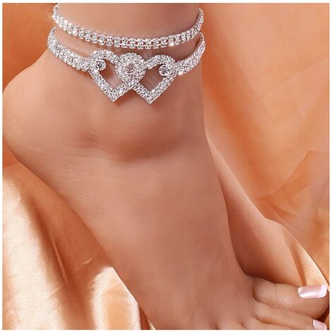2 Pcs Strass Coeur Ankelet (argenté) Bracelets Cristal lariat Amour coeur Pied Chaîne Bling Plage Pieds Nus Sandale Bijoux pour Femmes Filles Ados