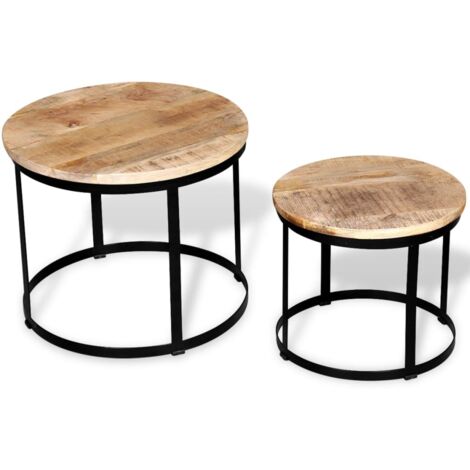 2 pcs Table basse，Table d'appoint，Table de Salon Bois de manguier brut Rond 40/50 cm CFW47749