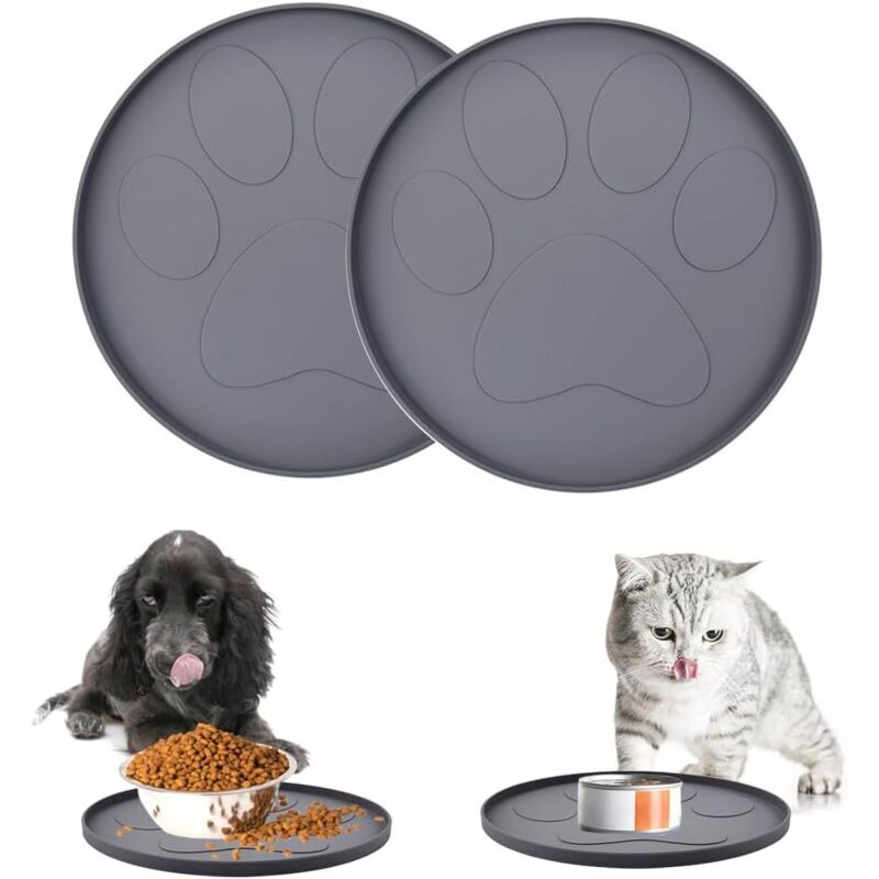 2 Pcs Tapis Gamelle Chien, Tapis d’Alimentation pour Chat en Silicone, Tapis de Gamelle Ronde de 28 cm, Petit Tapis pour Gamelle Chat et Chien (Gris)