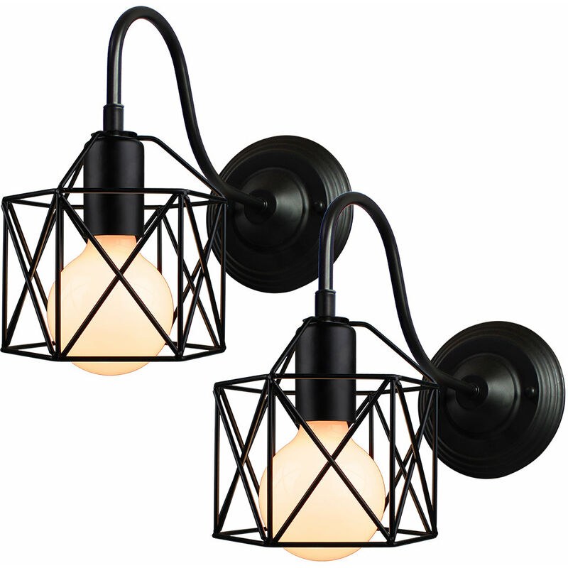 Wottes - 2 pcs Wall Light Individuality Metal Iron Cage, Industrial Vintage Bar Bathroom Kitchen Decorative Sconce Light - Black