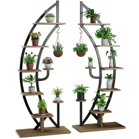 2 Pcs Wooden 8-Tier Plant Stand Rack Curved Half Moon Shape Ladder Shelf-Natural