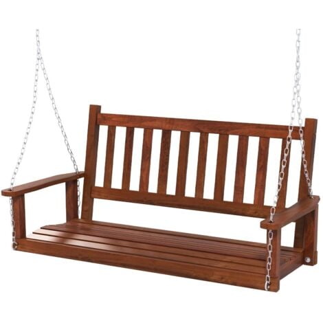 2-Person Porch Hanging Swing Chair Wooden Garden Swing Bench w/Back-Brown