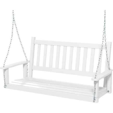2-Person Porch Hanging Swing Chair Wooden Garden Swing Bench w/Back-White