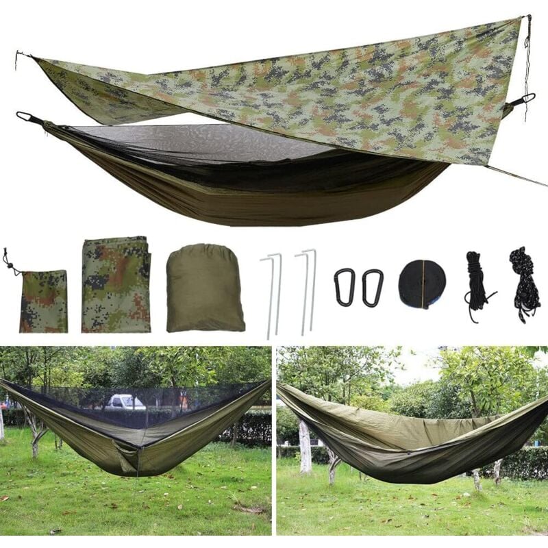 2 personnes ultra léger respirant camping Hammock avec moustiquaire et bâche de tente extérieure en nylon parachute bâche 200 kg pour trekking,