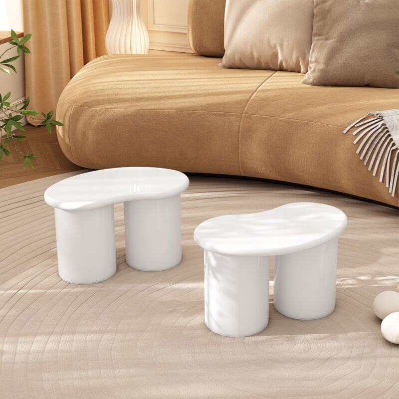 2 petits tabourets irréguliers 16x42x24,5cm, tabouret de table basse, tabouret bas, mdf, blanc