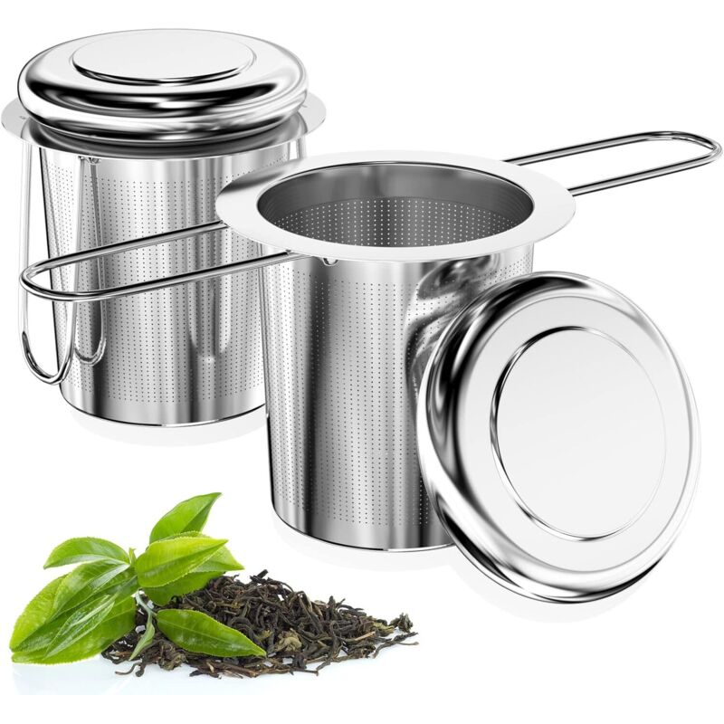 Image of 2 pezzi 304 infusore per tè in acciaio inox, filtro per tè a fori fini con manici pieghevoli e coperchio, infusore per tè riutilizzabile, colino