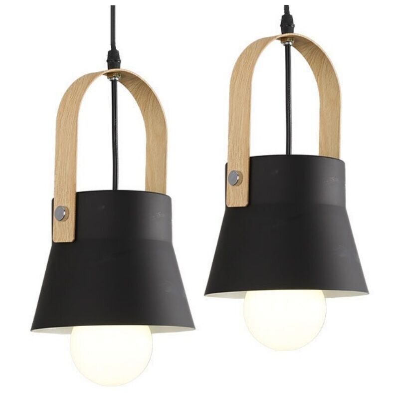 Image of Wottes - Lampadario Sospensione Moderno Illuminazione Sospensione Metallo e Legno Lampada da Soffitto Nero 2 Pezzi