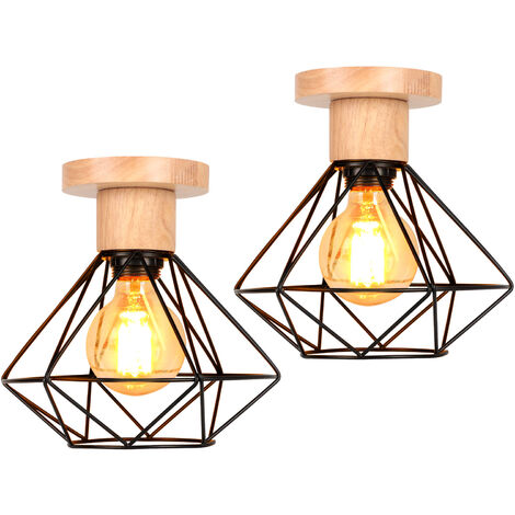 2 Pezzi Industriale Lampada da Soffitto Gabbia Diamante in Metallo e Legno E27 Lampadario per Corridoio Scala Camera da Letto Nero