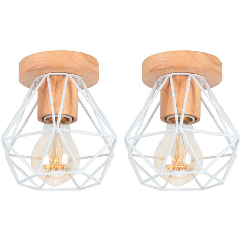 2 Pezzi Lampada da Soffitto Interno Industriale Lampadario con Portalampada E27 in Ceramica Gabbia Diamante in Metallo e Legno Bianco