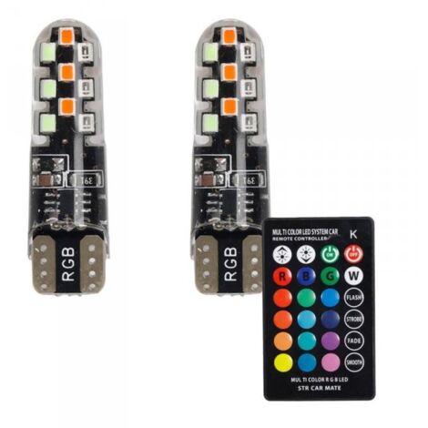 2 Pezzi Lampada Led T10 W5W 18 SMD 2016 12V 1.2W 260lm RGB con Telecomando