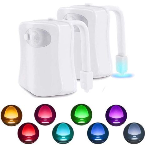 2 pezzi Luce per WC a LED Luce notturna con sensore di movimento Luce per WC a LED per secchio del WC del bagno, mobiletto, sedile del lavandino 8 colori che cambiano, da usare al buio