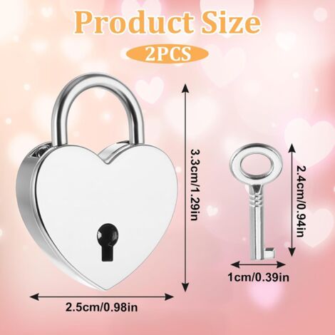2 pezzi Mini lucchetto a forma di cuore vintage con chiave a forma di cuore per armadio, scatola portagioie, diario, cassetto (argento)