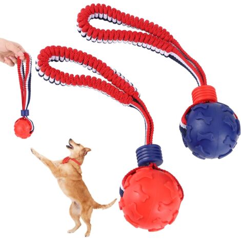 2 Pezzi Palla su Corda, Gomma Naturale, ø 7/30 cm, Palla Giocattolo per Cani con Corda, per Recupero, Cattura, Lancio, Tiro alla fune, Palla per Cani (Rosso, Blu)