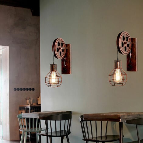 AXHUP 2 Pezzi Retrò Luce a Muro Interno Industriale E27 Lampada a Muro Puleggia Design per Ristorante Caffetteria Ruggine Rossa