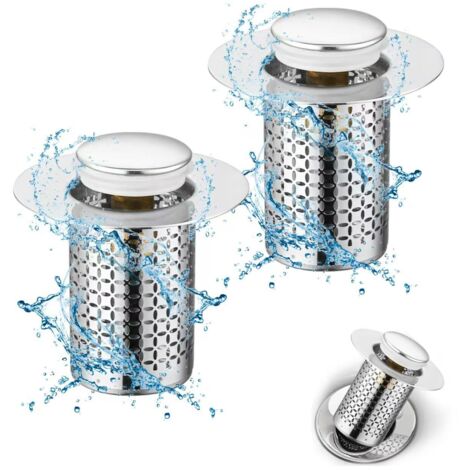 2 Pezzi Sifone Lavabo Universale Pop-Up, 34-40mm Tappo Lavabo Pop-Up Universale con Filtro Anti-Ostruzione, Scarico Anti-Blocco, Accessorio Tappo Vasca per Lavabo Cucina Bagno-Corto