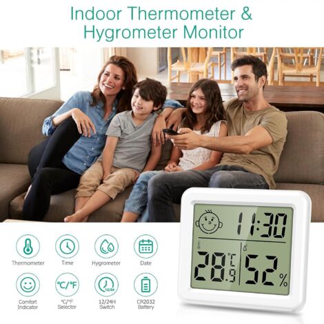 2 pezzi termometro igrometro per interni, mini termometro per ambienti con ora, data, commutabile ℃/℉, monitor di temperatura e umidità alimentato a batteria per camera da letto