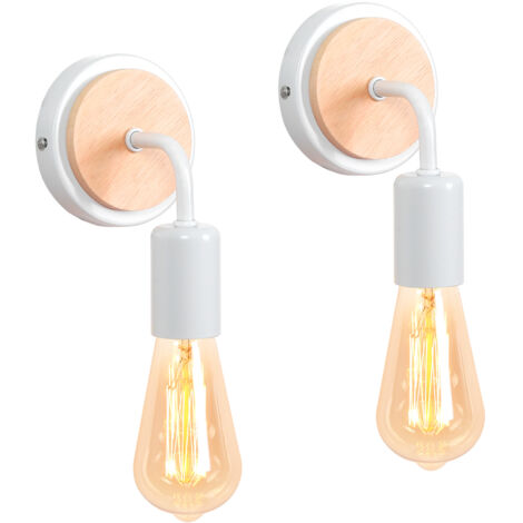 2 pezzo Lampada da Parete Industriale in Metallo Ferro, Applique da Parete Vintage Legno con Fiasco E27 (Bianca)