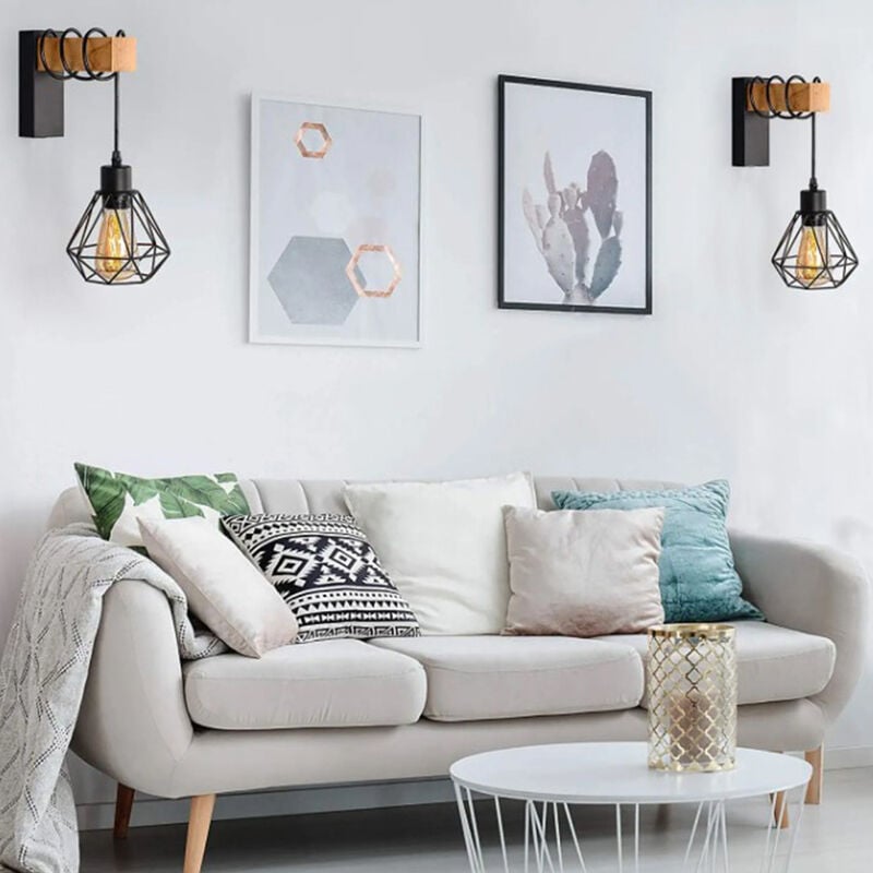 2 Pièces Applique Murale Industrielle Cage, Éclairage Mural Interieur, Rétro Applique Murale en Métal et Bois, Lampe Luminaire Murale E27 pour