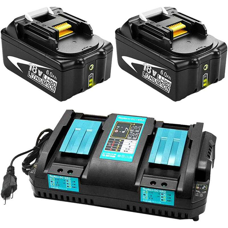 2X BL1850B Batterie + Chargeur Double DC18RD pour Makita 2 Batteries 18V 6,0Ah BL1850 BL1860B BL1860 BL1815 BL1830 BL1840, Radio DMR100 DMR101 DMR102