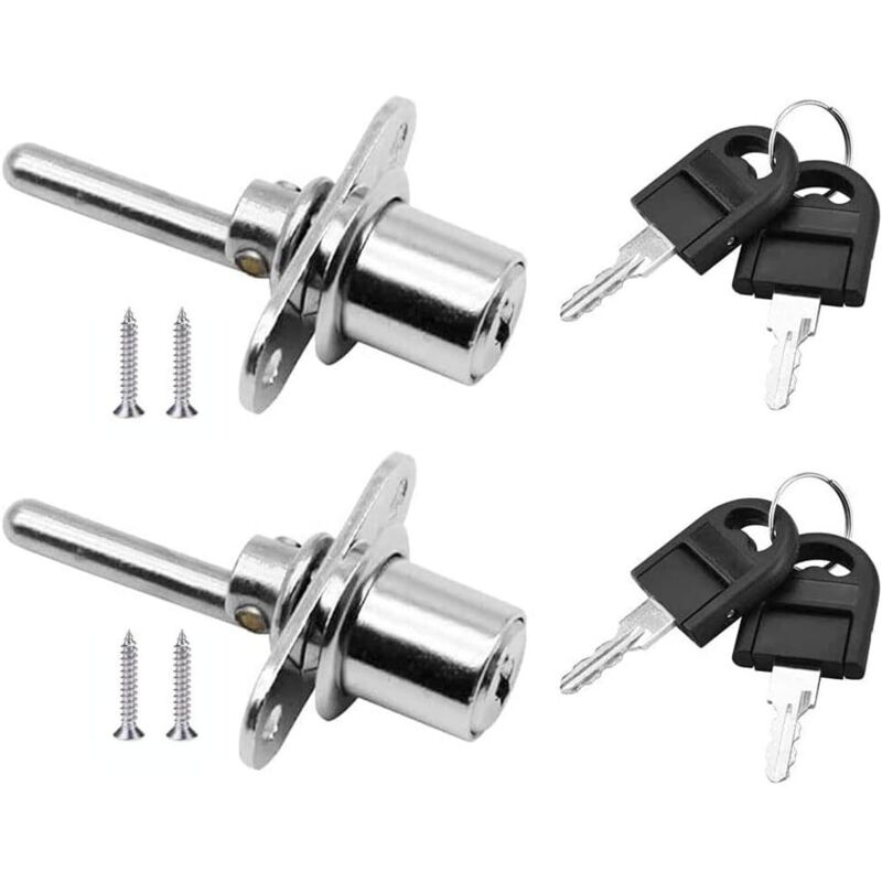 2 Pièces Serrure à ​Tiroir avec Clé pour Meubles Serrure à Piston pour Classeurs Armoire Vitrine, Diamètre 16 mm, Longueur 61 mm (Argent)