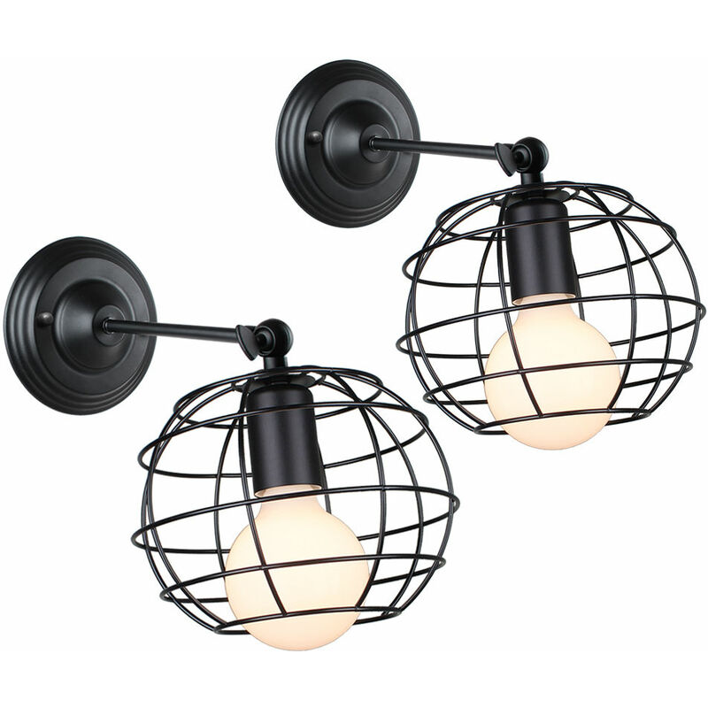 Stoex - 2 Piece Antique Round Wall Light Metal Cage Wall Lamp Retro Chandelier Metal Iron Wall Sconce Black for Bedroom Cafe Bar Office