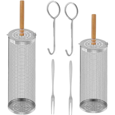 2-Piece BBQ Grid – Stainless Steel Rolling Grill Cylinder – 20/30 cm – Wooden Handle – Rotating Drum Basket – Ideal for Camping and Garden