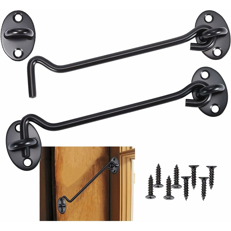 2 Pieces Cabin Hook, Door Latch Hook, Black Stainless Steel Door Hook Lock, With Mounting Screws, For Window, Barn Door, Shed Door, Garage Door,