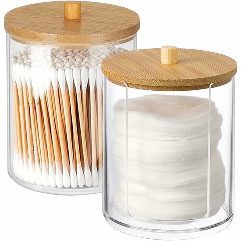 2 Piece Cotton Swab Holder, Cotton Dispenser, Cotton Box, Made of PS Material, with Wooden Lid, Dustproof and Moistureproof, for Living Room,