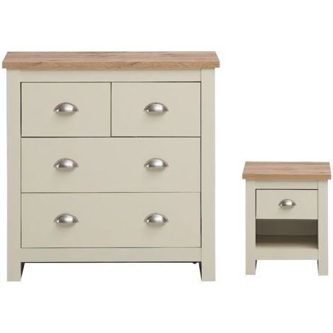 2 Piece Cream Bedroom Set Chest Of Drawers & Bedside Table Storage Oak Modern