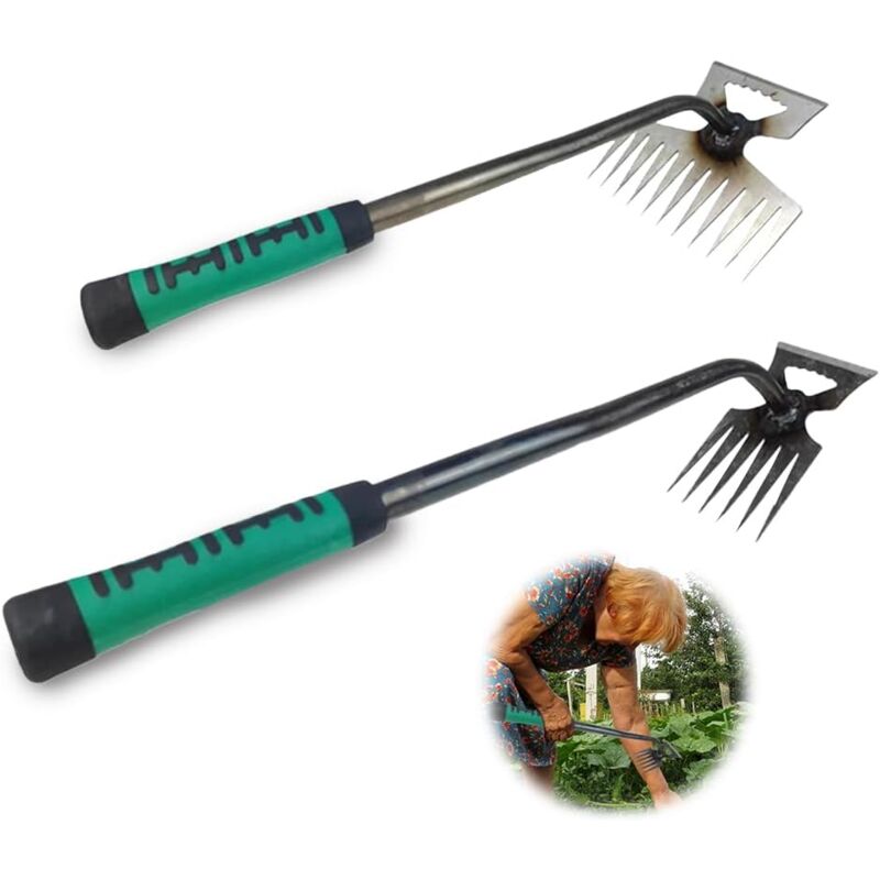 2 Pièce Désherbeur Manuel, Arrache Mauvaise Herbe Jardinage, Râteau de Désherbage avec Poignée, Outil Desherbage en Métal pour Une Utilisation dans