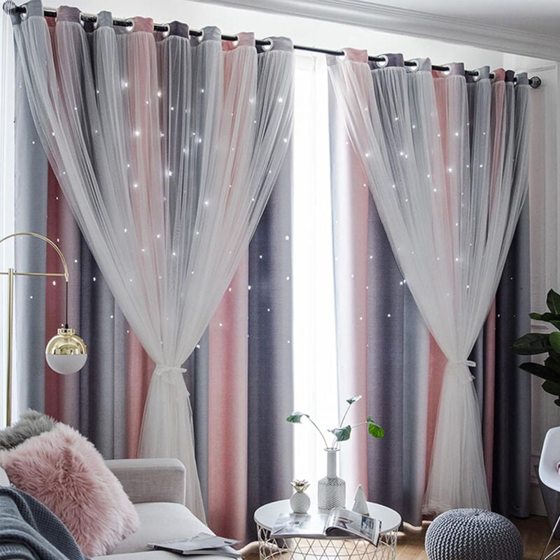 Sinbinta - 2 Pièces Rideau Occultant avec Blanc Voilages, Décoration de Fenêtre Couleurs Dégradé Motif Etoiles Perforées, Rideaux Chambre Fille -132