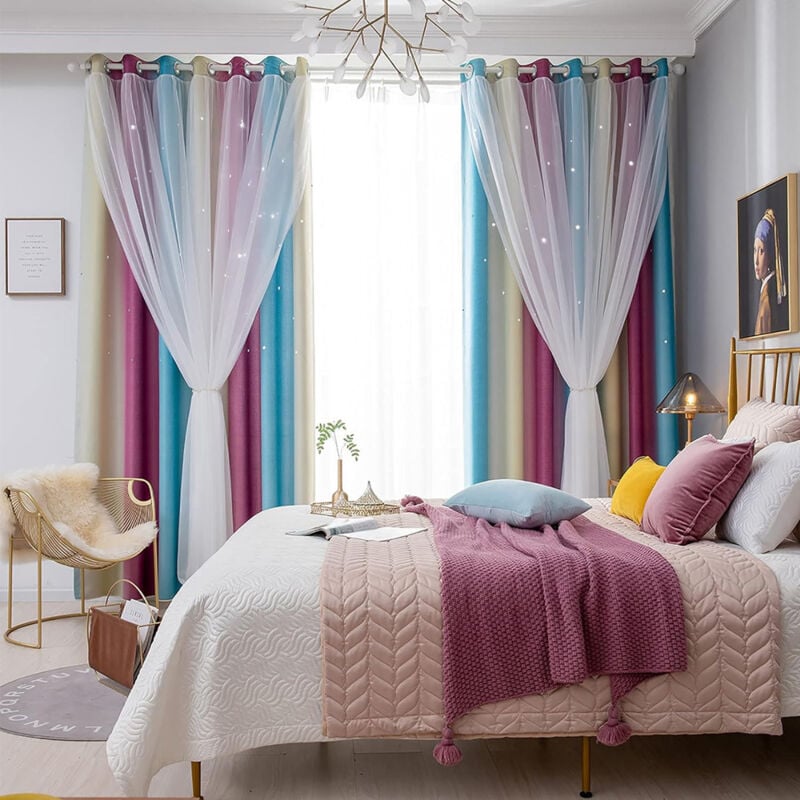 Sinbinta - 2 Pièces Rideau Occultant avec Blanc Voilages, Décoration de Fenêtre Couleurs Dégradé Motif Etoiles Perforées, Rideaux Chambre Fille -132