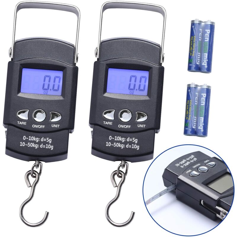 2-Piece Fish Scale, Portable Luggage Weight Scale with Backlit lcd Display 110 lb/50 kg Electronic Balance Fishing Postal Hook Scale with 3.3 ft