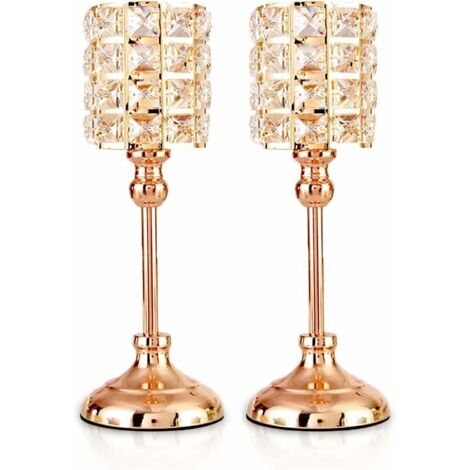 2-Piece Gold Crystal Tea Light Holders, Metal Cylinder, Luxurious Chandelier, 29.5 cm Tall, Candle Holder Ornaments for Christmas, Living Room, Wedding Centerpieces (Medium)