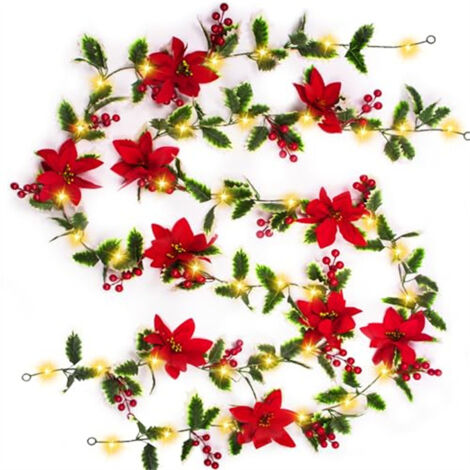 2 pièce Guirlande de Noël de 3 m avec 20 LED,alimentée par l'énergie solaire,feuilles de houx et de baies rouges artificielles pour décoration de Noël