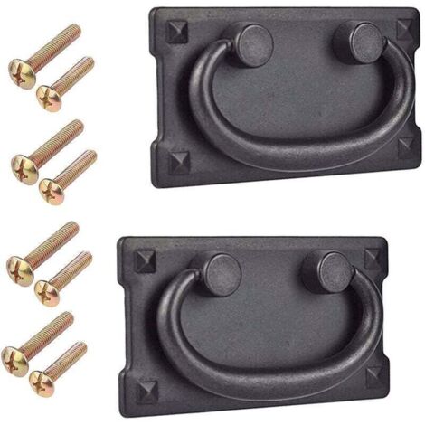 2-Piece Handle Set - Black Rectangular Door Handle, Vintage Ring Drawer Handle for Classic Furniture with Screws