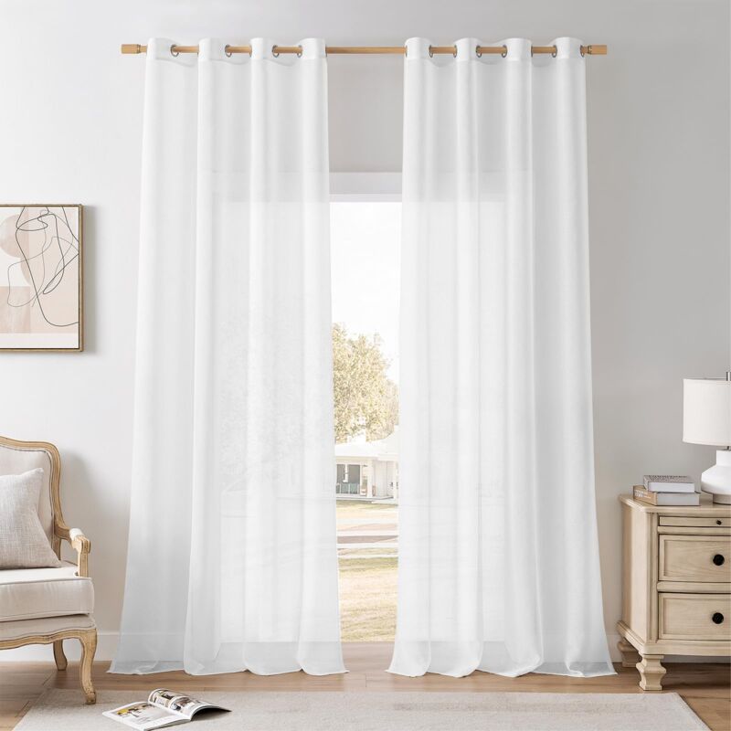 2 Pièce Rideau Voilage Blanc 225x140 cm Semi-Transparent Rideaux Voilages Oeillet en Effet Lin Décorations d'intérieur de Fenêtre Moderne Salon