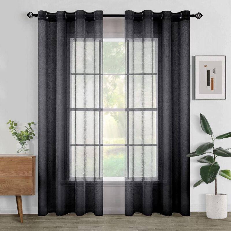 2 Pièce Rideau Voilage Semi-Transparent en Effet Lin Décorations Fenêtre de Salon Moderne Chambre Cuisine Balcon Noir - 100x250CM