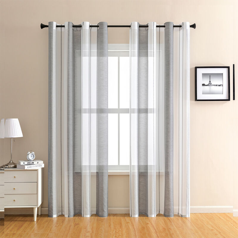 Sinbinta - Rideaux Voilage à Rayures Blancs et Gris, Voilages Intérieurs avec Oeillets, Beaux Voile Rideau Voilage Fenetre Chambre, Lot de 2