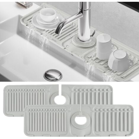 2-Piece Silicone Faucet Mat, 38 x 11cm Kitchen Faucet Mat, Silicone Sink Faucet Mat for Kitchen and Bathroom (Grey)