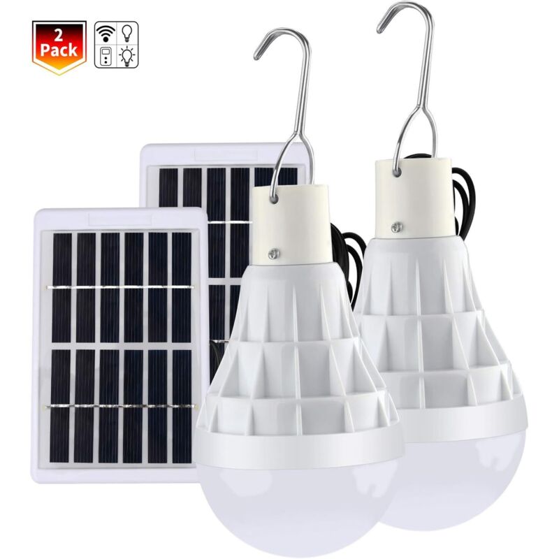 2 Pièce Solaire alimenté Ampoule Led, 12W Lampe Solaire rechargeable avec télécommande pour Camping