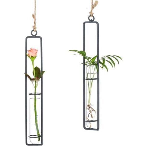 2 pièce Vase en Verre Créatif en Fer Forgé, Récipient Hydroponique, Tube en Verre, Arrangement Floral, Panier Suspendu, Décoration De Plantes De Salon Jardin, Noir