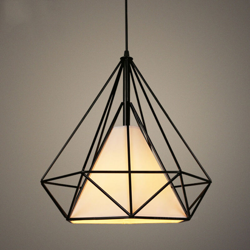 2pcs Metal Pendant Light for Kitchen Island, Industrial Metal Iron Hanging Ceiling Lamp Ø20cm Diamond Cage Chandelier (Black)